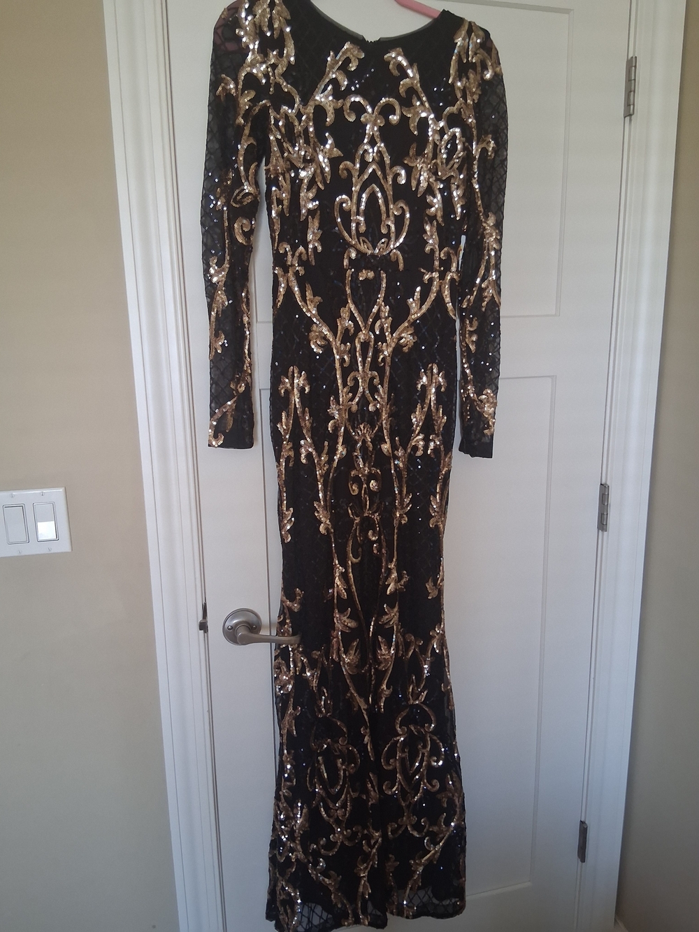 Black & Gold Sequin Long Sleeve Evening Gown